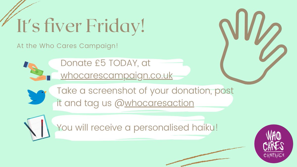 LungTheatre's tweet photo. 🔥🔥It's Fiver Friday at @WhoCaresAction🔥🔥 If YOU donate £5 to the #DigiFund today, YOU will receive a personalised haiku! What not to like?! You get get change a young persons life AND you get a poem! Find out how to get involved below 👇👇👇 https://t.co/abqMGEUUKd