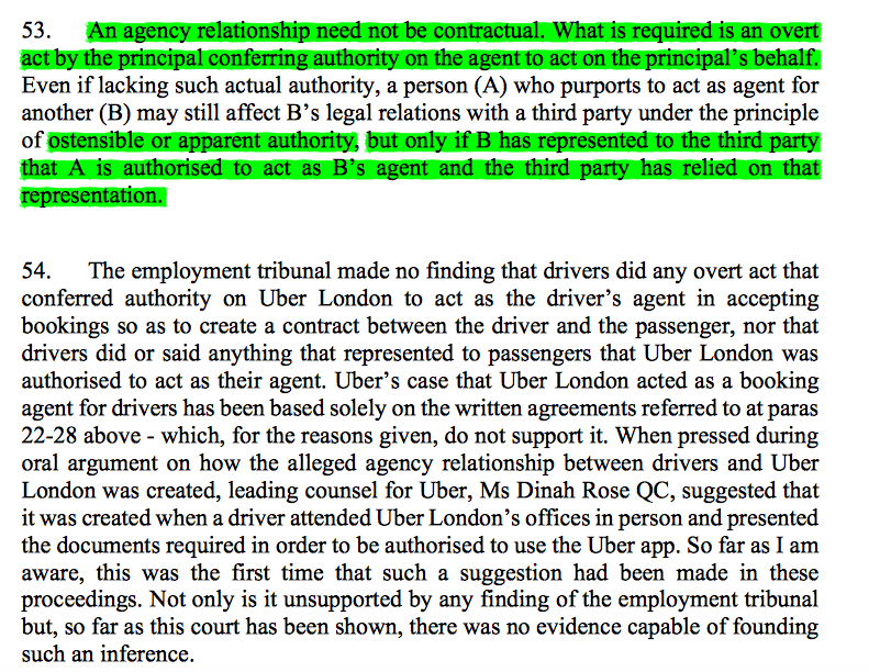 16/ Whilst an agency relationship need not be contractual, there needs to be shown actual or apparent/ostensible authority, and there were no findings of fact made by the ET in this case supportive of that being established (with the Court unimpressed by a contrary submission)