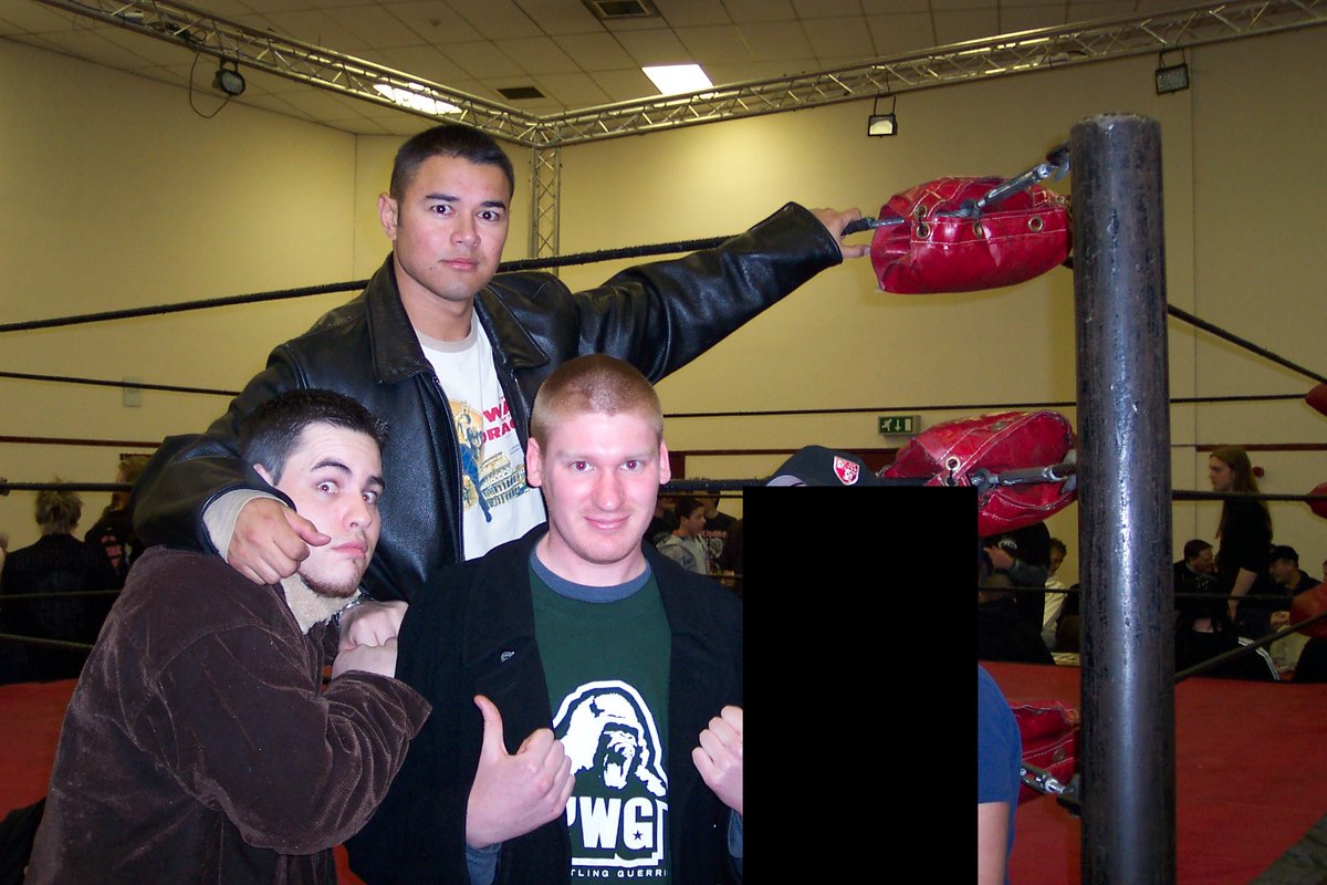 ... and here's 2006 me with TopGun Talwar, Ricky Reyes, Frankie Kazarian, Quicksilver, Dino Winward, Scorpio Sky, Chris Bosh and Scott Lost.Scorpio Sky's unmasking hadn't been released on DVD by that point (or I hadn't yet seen it), so that came as a surprise to me.[cont]