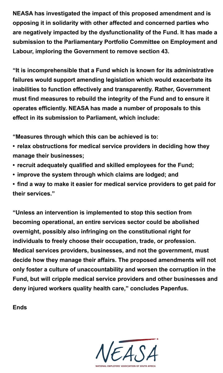 NEASA: Section 43 of COID Amendment Bill undermines the purpose of COID Act

#IWAG #CompensationFund #WorkersCompensation #InjuredWorkersActionGroup