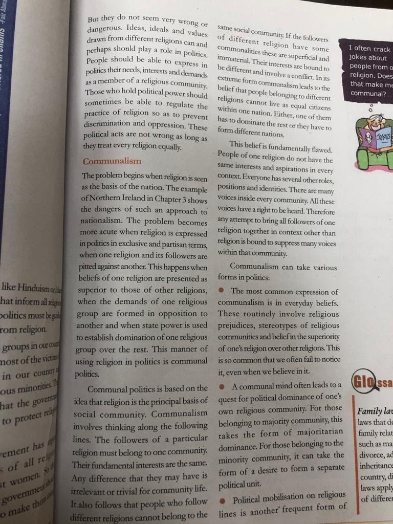 The first edition was in 2007 during congress rule, since then it has been reprinted without bothering to see what it is teaching.It talks about the Preamble, Majoritarianism, communalism.