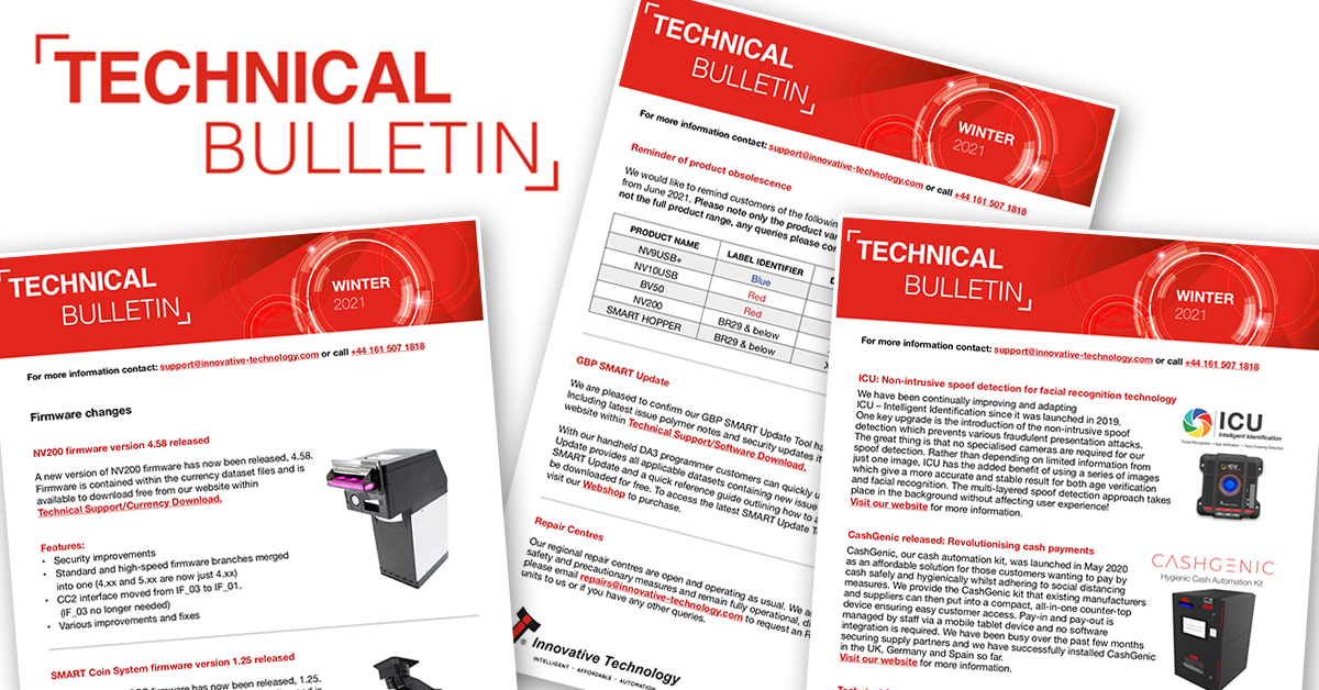 notevalidators's tweet photo. https://t.co/E66bj1qgDQ
Latest #Technical Bulletin with info on: Product Firmware &amp; Software Updates, Product Obsolescence, GBP SMART Update, Repair Centres, ICU, CashGenic &amp; Technical Support Videos. Register for future updates from us now here:  https://t.co/4QgKrmAfFk https://t.co/uibPLFDHzj