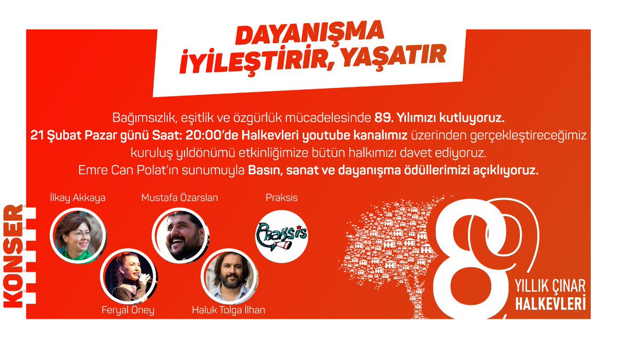 #HalkevleriBenimHikayem diyenler, eşitlik ve özgürlük mücadelesinde 89. Yılını kutluyor!

Emre Canpolat’ın sunumuyla basın, sanat ve dayanışma ödüllerimizi açıklıyoruz. Sanatçı dostlarımızın katılımıyla Online Konserde buluşuyoruz.

Halkevleri YouTube Kanalı
21 Şubat Pazar 20:00