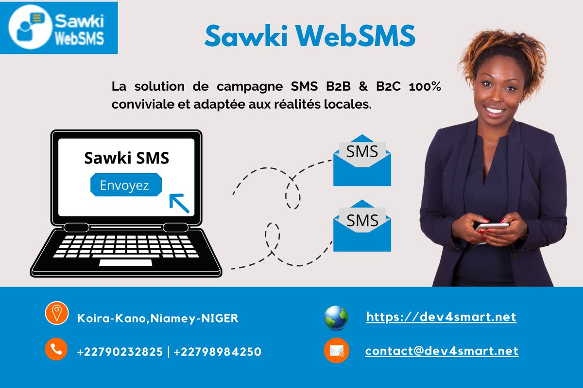 dev4smart's tweet photo. Votre entreprise a-t-elle besoin d’une solution d'envoi et réception des SMS en masse? Optez pour notre produit Sawki WebSMS. 
@dev4smart, pensez l'innovation
 #BulkSMS #WebSMS https://t.co/gBzHgQbyop