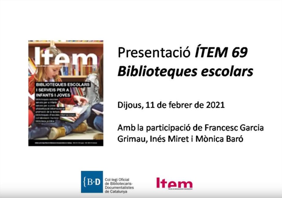 txescu's tweet image. Ja podeu accedir a l&apos;enregistrament de la presentació de l&apos;#Ítem69 de la @revistaItem del passat 11 de febrer. Amb la participació d&apos;#InésMiret i @mbllambias. youtube.com/watch?v=jxdu5h… #BEscolar #BibliotecaEscolar #BibliotequesEscolars cc/ @cobdc @GTBescolars
