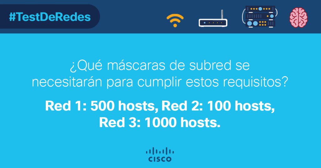 cisco_spain's tweet photo. Imagina que hoy te piden configurar 3 redes locales con los 3 requisitos descritos en la imagen. ¿Qué máscaras de subred se necesitarán para cumplir estos requisitos? (Elige tres opciones).
#TestDeRedes https://t.co/rxbRdO5fNN