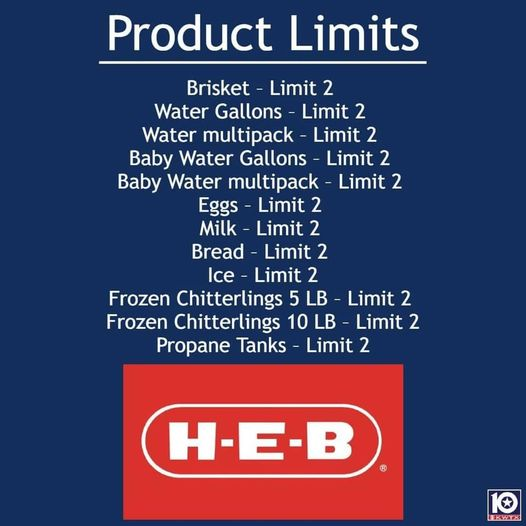 JustenNoakes's tweet photo. As you head into your Texas Friendly @HEB today, just a heads up on some limits we have put in place to ensure folks have a chance to get the products they need. #hebstrong #readyheb https://t.co/PDPHAqM1QR