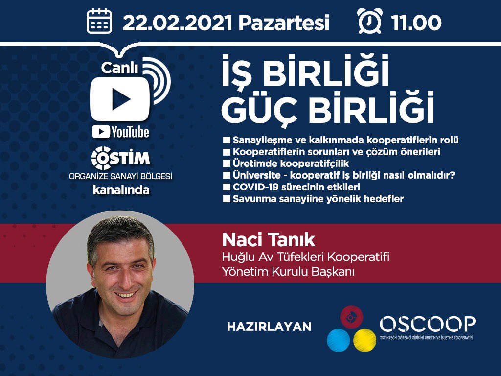 OSCOOP Official (@oscoopofficial) on Twitter photo #OSTİM OSB #YouTube kanalında yeni bir program başlıyor! <a href="/OSCOOPOFFICIAL/">OSCOOP Official</a> tarafından hazırlanan 'İş birliği Güç birliği'nin ilk konuğu Huğlu Koop. YKB Naci Tanık
22.02.2021 Pazartesi
11.00
bit.ly/3uoo9DY
<a href="/oaydinostim/">ORHAN AYDIN</a> <a href="/myulek/">Murat Yülek</a> <a href="/usigri/">Ünsal Sığrı</a> <a href="/AdemArc7/">Adem Arıcı</a> <a href="/ostimteknikuniv/">OSTİM Teknik Üniversitesi</a> <a href="/ostimosb/">Ostim OSB</a> #OSTİM OSB #YouTube kanalında yeni bir program başlıyor! <a href="/OSCOOPOFFICIAL/">OSCOOP Official</a> tarafından hazırlanan 'İş birliği Güç birliği'nin ilk konuğu Huğlu Koop. YKB Naci Tanık
22.02.2021 Pazartesi
11.00
bit.ly/3uoo9DY
<a href="/oaydinostim/">ORHAN AYDIN</a> <a href="/myulek/">Murat Yülek</a> <a href="/usigri/">Ünsal Sığrı</a> <a href="/AdemArc7/">Adem Arıcı</a> <a href="/ostimteknikuniv/">OSTİM Teknik Üniversitesi</a> <a href="/ostimosb/">Ostim OSB</a>