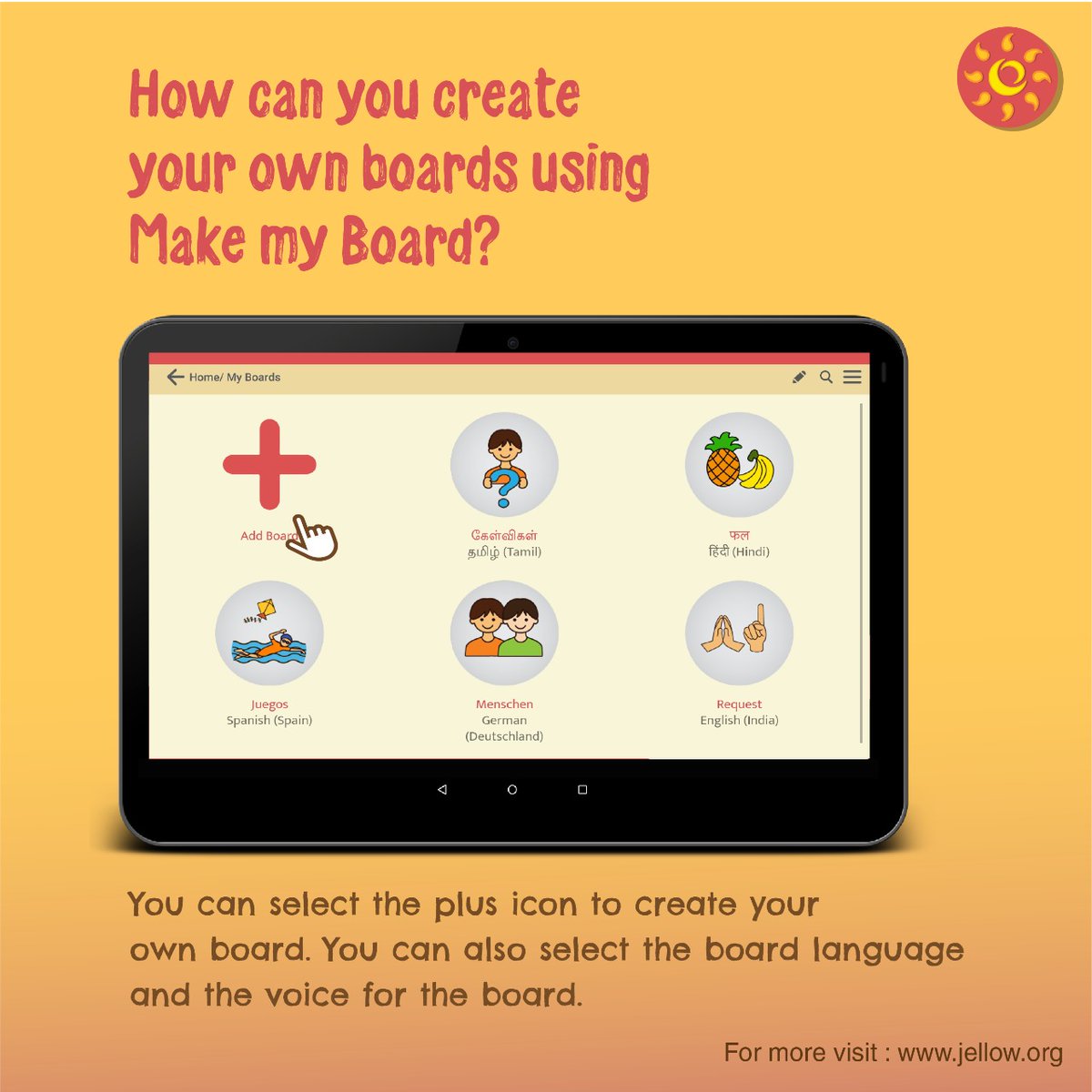 jellowapp's tweet photo. Create your own boards using Jellow's Make my board
You can select the plus icon to create your own board. You can also select the language and voice for the board. Jellow is available in both it's Android and iOS versions. https://t.co/SQkSBA3hjs https://t.co/Tws7CUVFoY