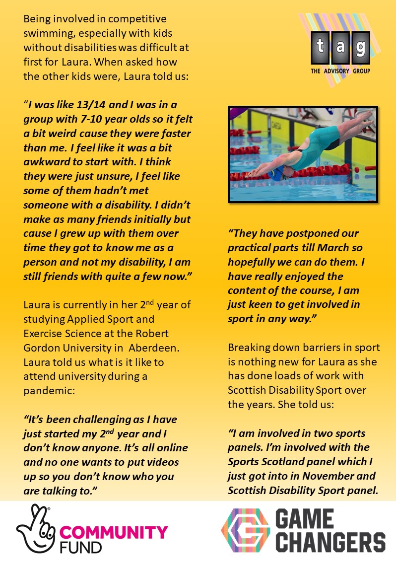 TAGNeil's tweet photo. In the first edition of "Your Story in Sport" in 2021 we are joined by swimmer @laurapilkie. Laura was great to chat to and we're glad we got to share her story. @NTAGtweets wish you all the best for the future! #GameChangers #Swimming #Scotland 🏊‍♀️🏅 https://t.co/I5ndpywIhg