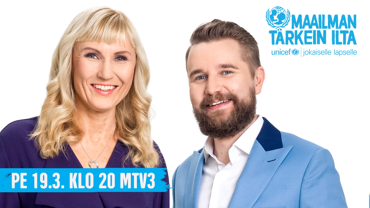 Maailman tärkein ilta tulee taas 🙌

Suoran lähetyksen juontavat tänä vuonna Joonas Nordman ja <a href="/RipsaKP/">Ripsa Koskinen</a>. Etäkeikalla mukana myös mm. <a href="/AnssiKela/">Anssi Kela</a>, Jesse Markin &amp; Ellinoora ⭐

Merkkaa kalenteriin: 
📅 pe 19.3. klo 20 @Maikkari 

🔗 unicef.fi/tiedotus/uutis…

#MaailmanTärkeinIlta