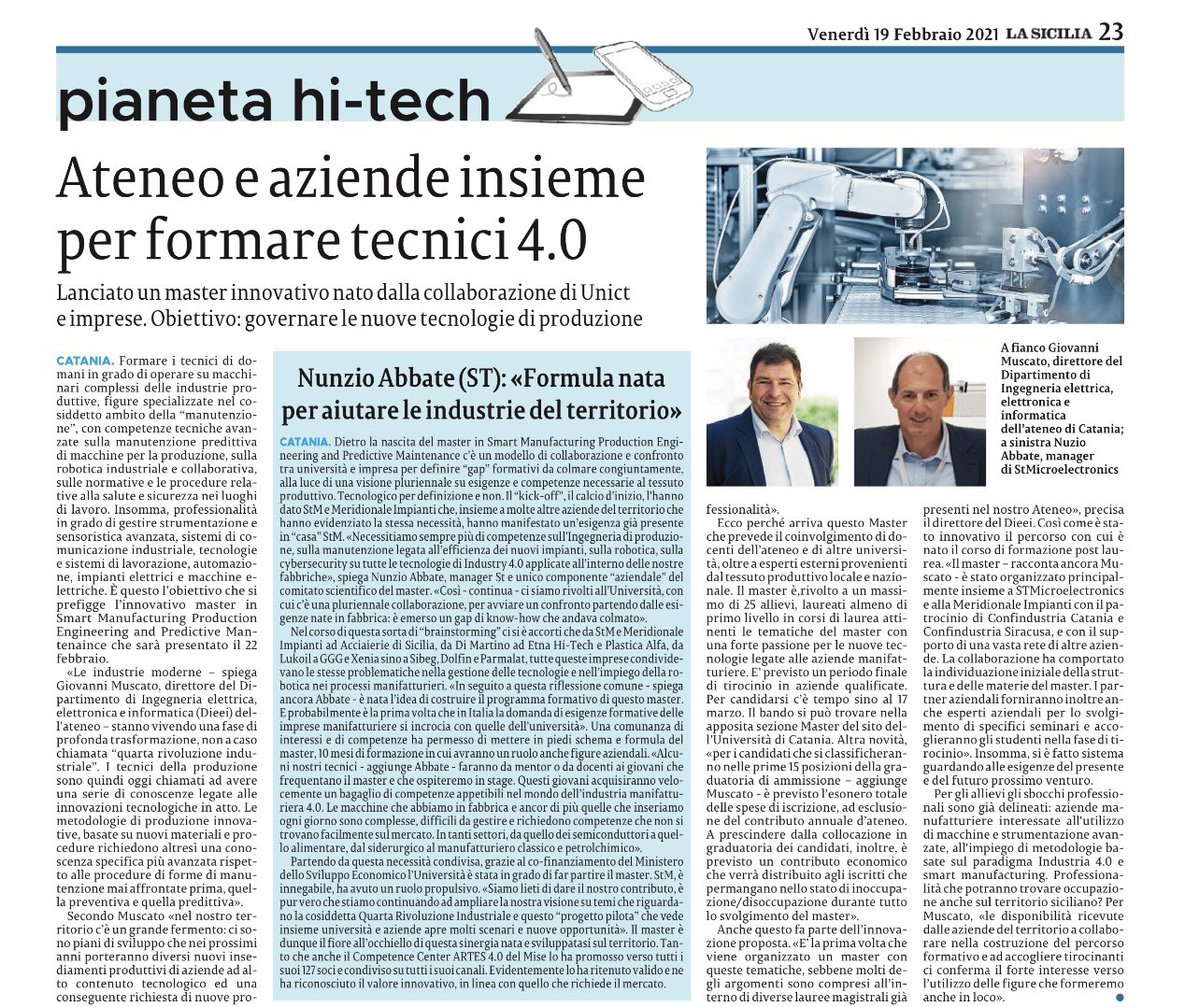 Su La Sicilia di oggi un articolo che descrive le iniziative in partnership tra aziende e Ateneo degli Studi di Catania. Nello specifico il lancio del master, che sarà presentato il 22 febbraio, nel quale Etna Hitech è partner.