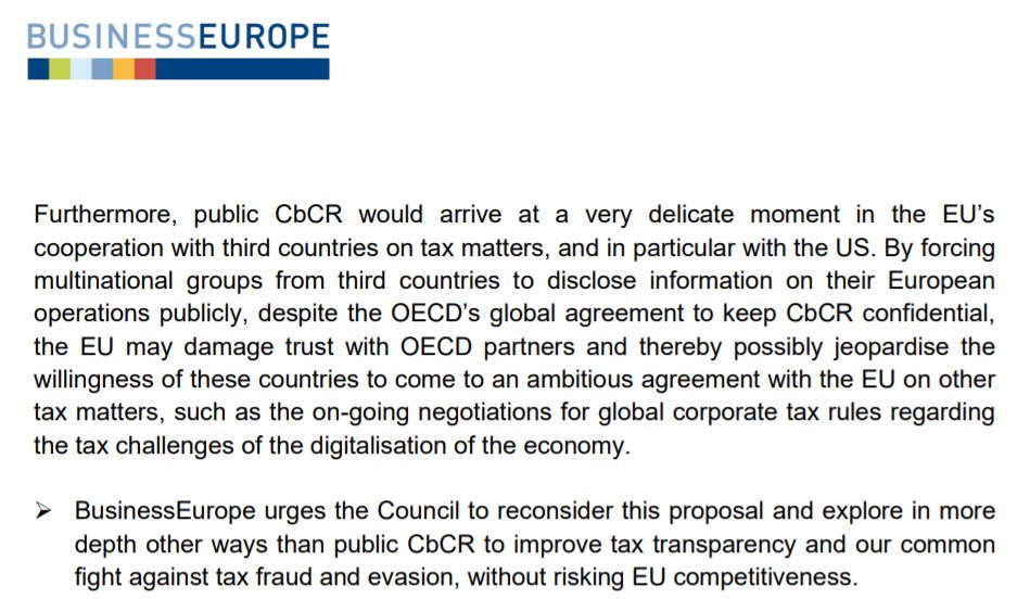 BusinessEurope's third argument to  @pedrosizavieira is a new twist on an old one. Namely, the OECD data is supposed to be kept private (because of the intense business lobbying back in 2013-15) - and you might upset the Biden administration if you require it to be public.