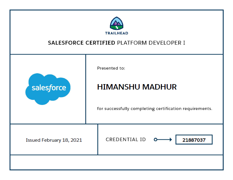 himanshusfdc's tweet photo. First Milestone of 2021...
I'm very happy to share that i've successfully cleared the PD1 certification exam.
#BlazeYourCertification #Salesforce #trailhead https://t.co/1OxfCZ8vxp