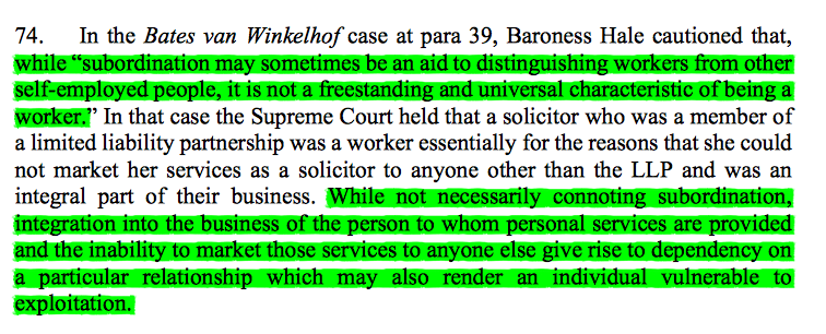24/ Whilst probably not re-establishing subordination as a freestanding criterion of worker status (& hence not undermining Bates van Winkelhof), the Court noted issues of subordination & dependency are inimical to the vulnerability of workers as against the company.