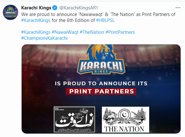Nawaiwaqt_'s tweet photo. 'Nawaiwaqt' & 'The Nation' as Print Partners of KarachiKings.
#KarachiKings #NawaiWaqt #TheNation #PrintPartners #ChampionsKaKarachi @Nawaiwaqt_
@KarachiKingsARY
@thePSLt20 https://t.co/d8rtSyCxsA