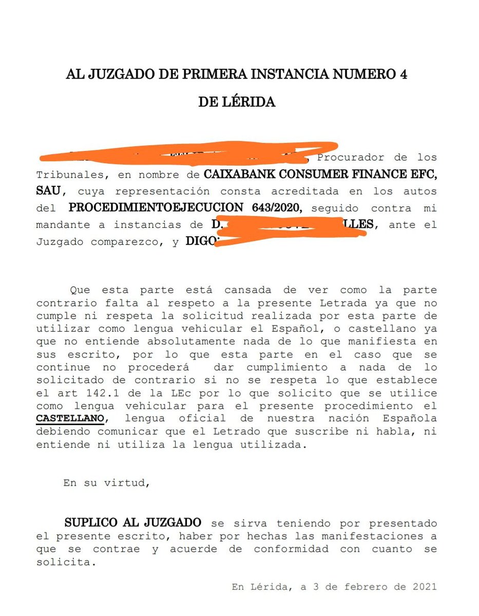llenguacat's tweet photo. ❗️ Una advocada de @caixabank_cat presenta un escrit a un Jutjat de Lleida afirmant que utilitzar el català en un procés judicial és una “falta al respeto” i que en cas de no utilitzar el castellà “no procederá a dar cumplimiento a nada de lo solicitado”.

Obrim fil ⬇️ https://t.co/4NlLjITzpy