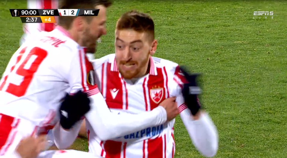 foet247Slavic's tweet photo. Milan Pavkov scored the equaliser with an added-time header in Red Star Belgrade's 2-2 draw with Milan. #UEL #CZVMIL https://t.co/ng85Ac0Hc8