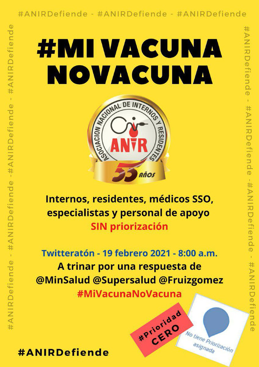 ANIR NACIONAL (@anirnacional) on Twitter photo Lo de ayer fue tan indignante que nos recordó todo lo que nos falta trabajar para dignificar el rol del residente, interno y médico rural.
Aún así, no hay una respuesta formal, ninguna medida que asegure que somos prioridad 1.
Al ministro <a href="/Fruizgomez/">Fernando Ruiz 🏨</a> y a <a href="/MinSaludCol/">MinSalud Colombia 🇨🇴</a> les decimos Lo de ayer fue tan indignante que nos recordó todo lo que nos falta trabajar para dignificar el rol del residente, interno y médico rural.
Aún así, no hay una respuesta formal, ninguna medida que asegure que somos prioridad 1.
Al ministro <a href="/Fruizgomez/">Fernando Ruiz 🏨</a> y a <a href="/MinSaludCol/">MinSalud Colombia 🇨🇴</a> les decimos
