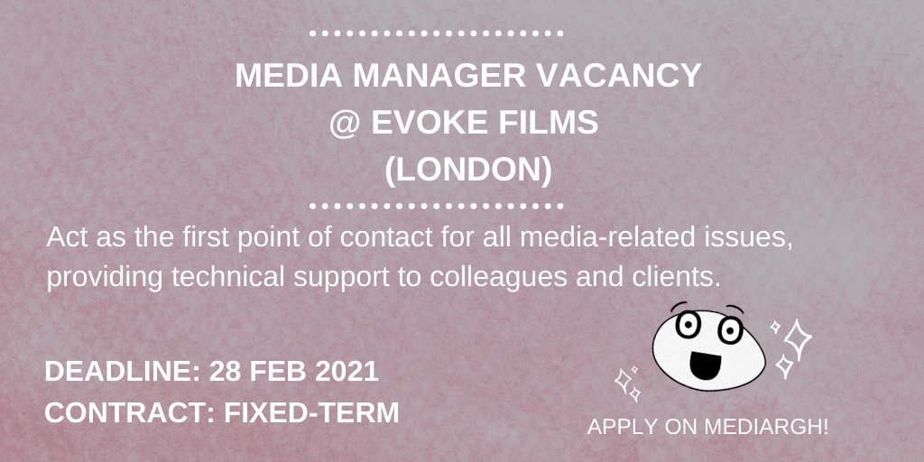 Media Manager Vacancy
@ Evoke Films 
(London)

Apply here: bit.ly/3drudW4

#TVjobs #videojobs #mediajobs #filmjobs