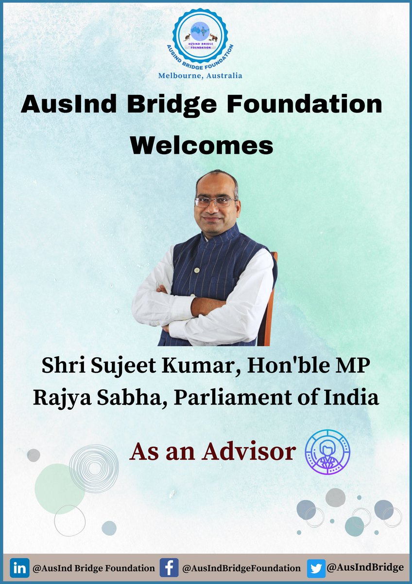 Hearty Welcome to <a href="/SujeetKOfficial/">Sujeet Kumar 🇮🇳</a>, Hon'ble Indian Rajya Sabha MP, as an Advisor to <a href="/AusIndBridge/">AusInd Bridge Foundation</a>, Melbourne. Mr. Kumar is a public policy scholar-practitioner having trained from <a href="/Harvard/">Harvard University</a> &amp; <a href="/UniofOxford/">University of Oxford</a> &amp; having worked for <a href="/wef/">World Economic Forum</a> &amp; <a href="/CMO_Odisha/">CMO Odisha</a>. <a href="/ScottMorrisonMP/">Not ScoMo</a> <a href="/narendramodi/">Narendra Modi</a>