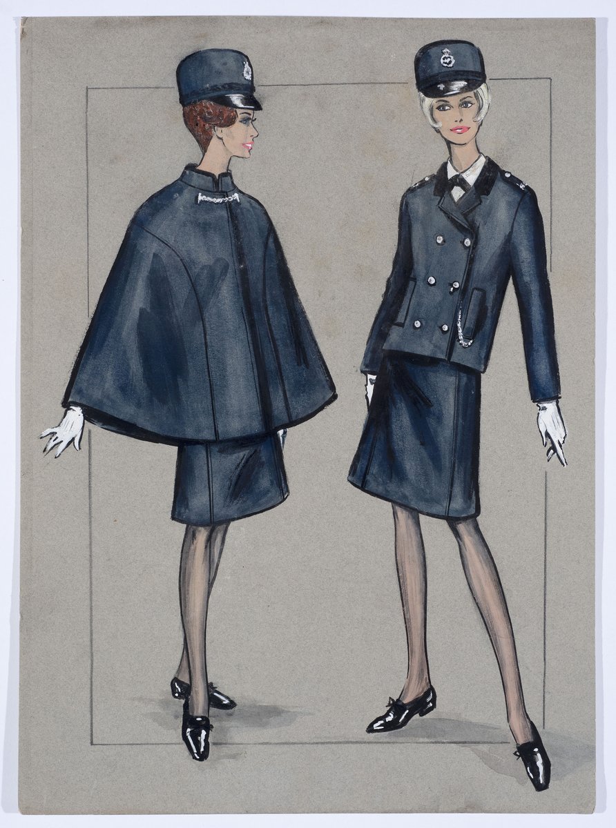 The so-called 'Bather' uniform (1) gave way in 1967 to a uniform & cap designed by royal couturiers Norman Hartnell & Simone Mirman (2 - original sketch). Newsreels praised "the new 'with-it' image of Scotland Yard" & "the swinging London cop idea".  #LFW  #LFW2021  #TheCrown (7/n)