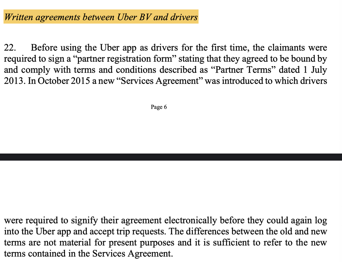 Onwards to the written documentation: not a worker contract, Uber claims, but ‘Partner Terms’ and ‘Services Agreements’ 