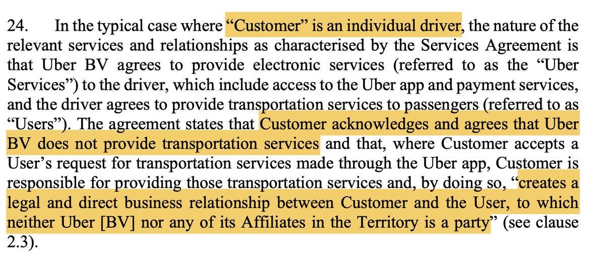 Drivers are defined as ‘Customers’, Passengers as ‘Users’ – and ‘Customer acknowledges and agrees that Uber BV does not provide transportation services’. [24] The ET had some choice phrases for this sort of fiction...