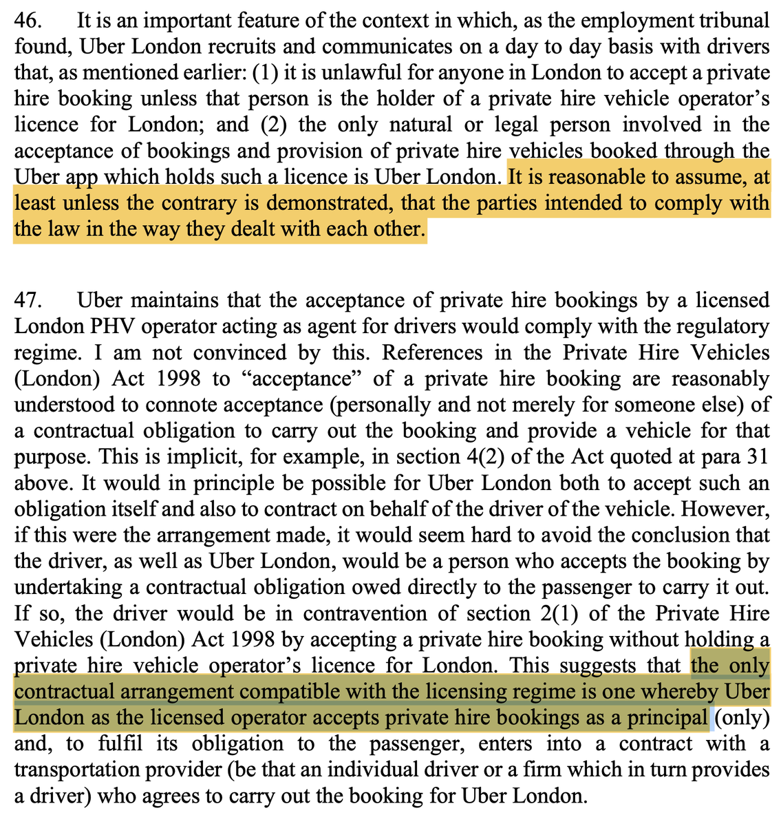 ‘It is reasonable to assume, at least unless the contrary is demonstrated, that the parties intended to comply with the law.’ So ‘the only contractual arrangement compatible with the licensing regime is one whereby Uber … accepts private hire bookings as a principal’