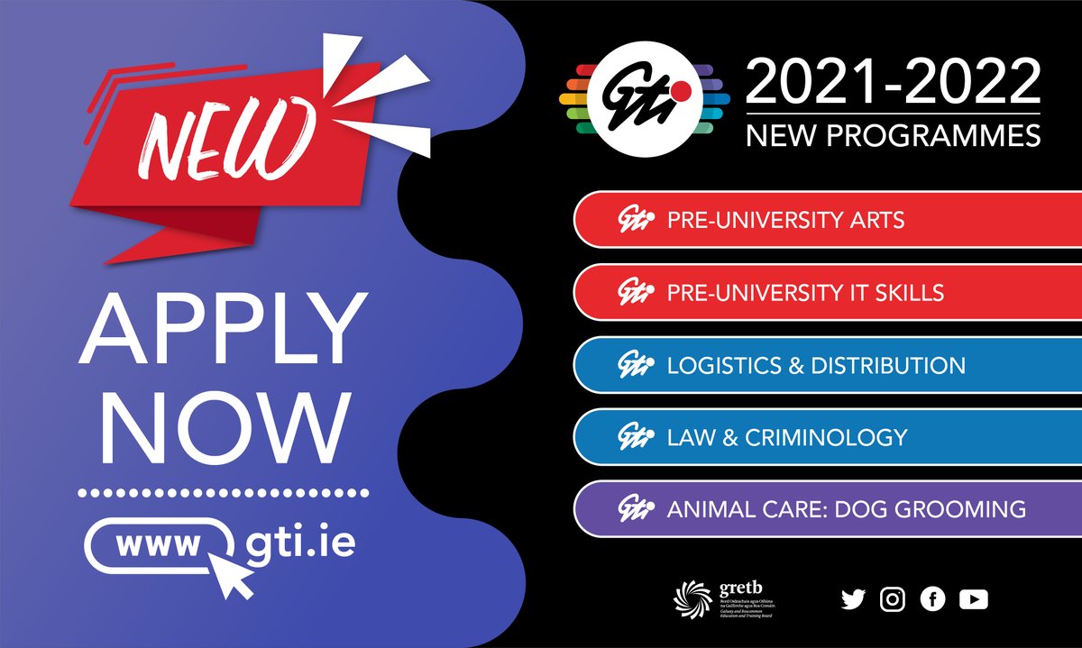 Considering options for 2021-22❓

GTI have a selection of exciting NEW full-time programmes for Sept 2021 including: Pre-University Arts, Pre-University IT Skills,Logistics &amp; Distribution, Law &amp; Criminology, &amp; Animal Care:Dog Grooming.

Visit gti.ie for details!