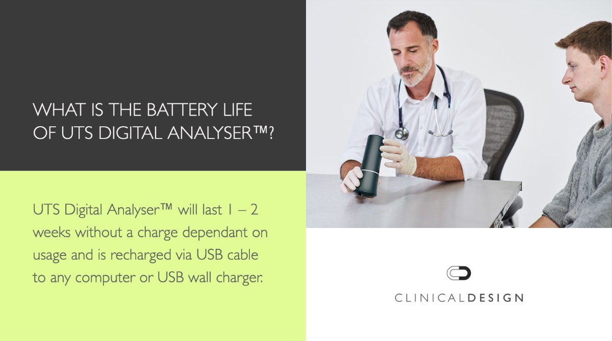 _ClinicalDesign's tweet photo. Friday FAQ - What is the battery life of UTS Digital Analyser™?
UTS Digital Analyser™ will last 1-2 weeks without a charge (dependant on usage).
https://t.co/N6NRXgjFqb 
#UrineTestingSystem #UTSDigitalAnalyser  #HealthTech #pointofcare #digitalhealth #MedTech https://t.co/cJ87Nt9i8S