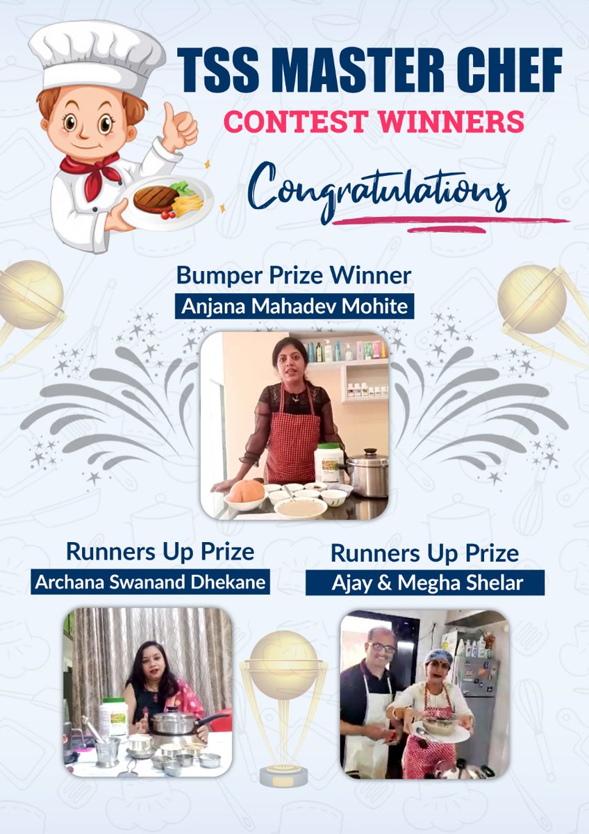 ShelarOfficial's tweet photo. Time to Celebrate.
Cheers......!
We are proud to announce the Winners of the TSS Master Chef contest.
#TSS4U #TSSMasterChefContest #AmwayQueen #AllPlanProtein #TSSCC #Prizes #Participants #Winners https://t.co/auZDwhs2hM