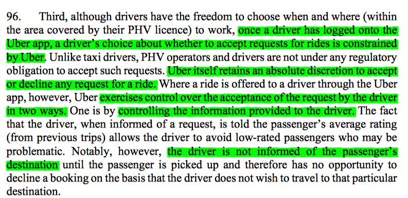 37/ 3rd, constraints over a driver's agency in acceptance of jobs, by (a) Uber having sole control on whether to accept or decline a request for a ride, (b) restricting information including destination, & (c) the penalty system for not accepting jobs offered.