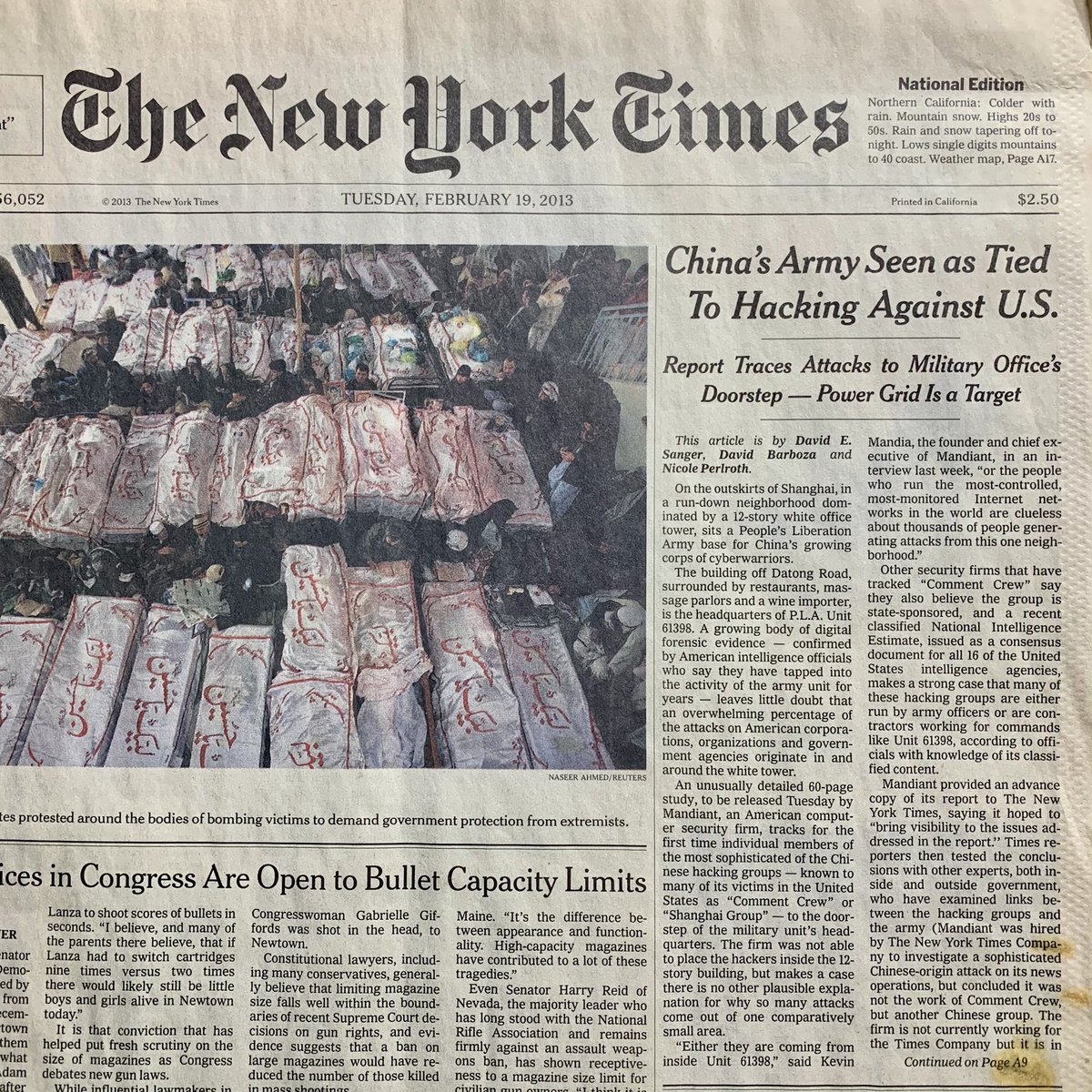 Eight years ago <a href="/Mandiant/">Mandiant (part of Google Cloud)</a> made the cover of the <a href="/nytimes/">The New York Times</a> with its APT1 report. Espionage is a tale as old as time, but I believe this report and this news coverage changed the private sector and forged a new public conversation on the topic. We are all still riding this wave.