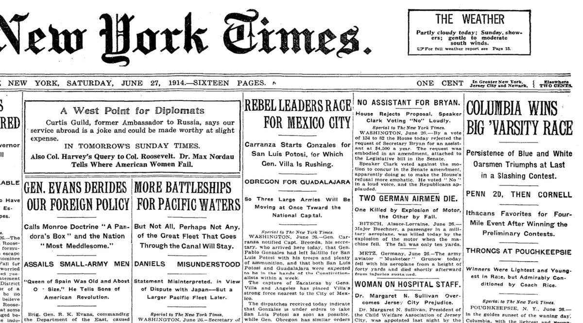 One thing I like to focus on in teaching about World War One is just how little the public understood the danger. Here is the NY Times front page on June 27, 1914, day before Archduke Franz Ferdinand's assassination. Top story? Columbia University wins an intercollegiate regatta.