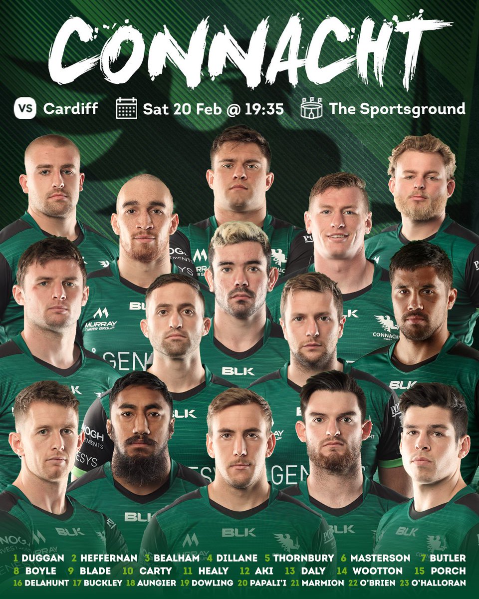 connachtrugby's tweet photo. 🟢 𝗧𝗘𝗔𝗠 𝗔𝗡𝗡𝗢𝗨𝗡𝗖𝗘𝗠𝗘𝗡𝗧 🟢

Here's our squad to face @cardiff_blues tomorrow, captained by the returning @ButlerJarrad 💪

#CONvCAR #GuinnessPRO14 https://t.co/CDq7l6s5ls