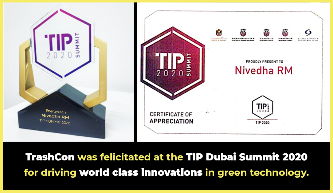 TrashConLabs's tweet photo. It's a proud moment to be awarded as Technology Innovation Pioneer (TIP) initiated by the Minister of Economy and several Ministries of Abu Dhabi (Health, Energy and Environment) across 19 countries and among 154 startups.
#Tipsummit2020 #sustainability #recycledplastics
#Dubai https://t.co/rfdxcMyUxl