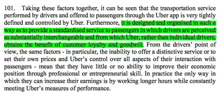 40/ Taken together, these factors show not only the tightness of control, but also how Uber designs the service so that the customer loyalty is to it rather than to drivers, & that drivers are interchangeable pawns in the Uber service delivery model.