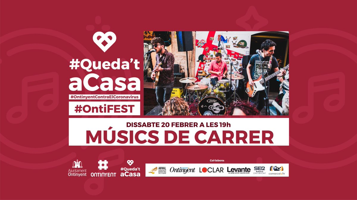 ajOntinyent's tweet photo. 🎼 #QuedataCasa Aquest dissabte a les 19:00h torna #OntiFest, torna la música en directe. Des d'aquest enllaç https://t.co/aFMrMZv4bW podràs seguir en directe el concert de Músics de Carrer. Queda't a casa i gaudeix de la millor música d'Ontinyent!
#Juntscontralacovid https://t.co/aNJRMJID9V