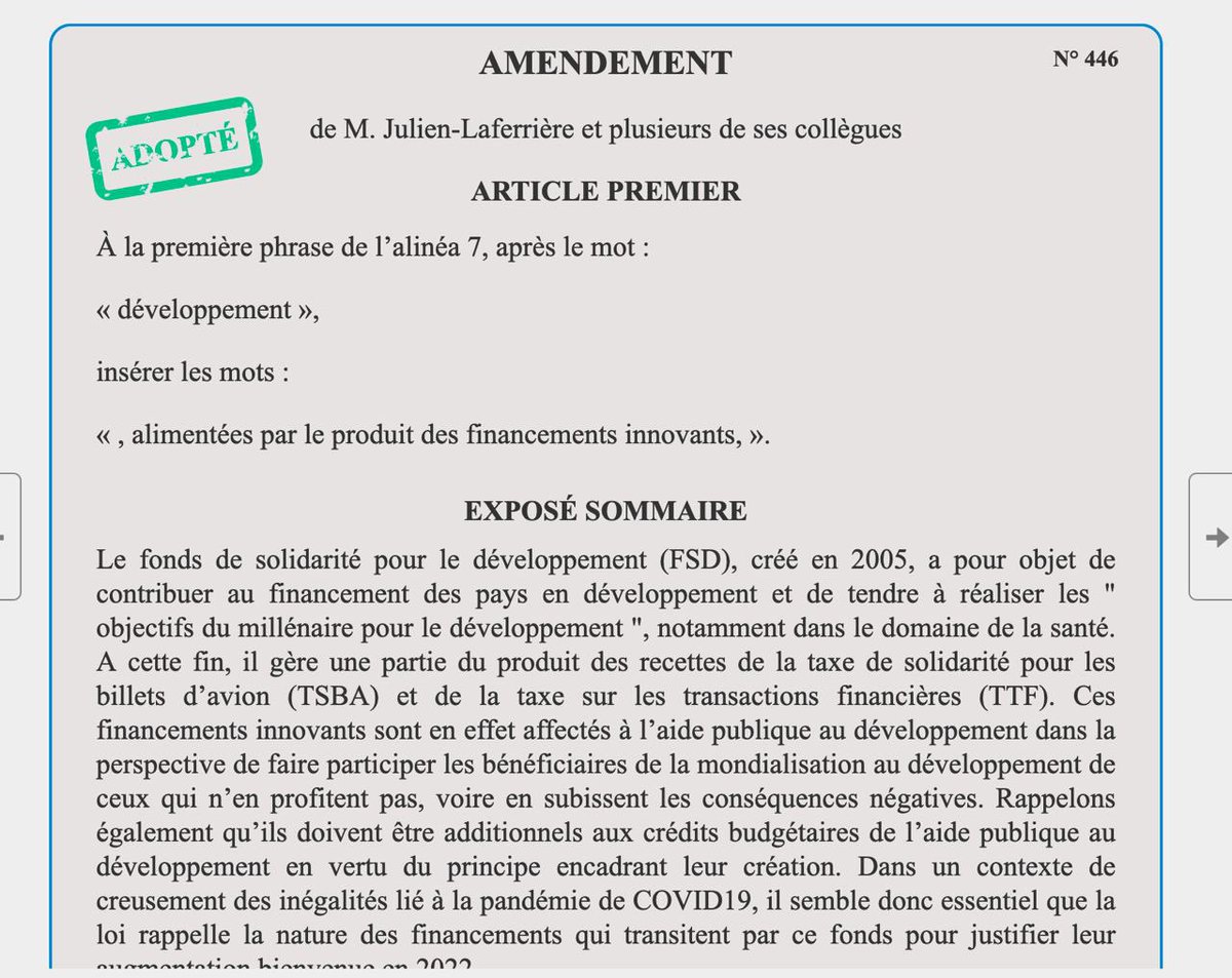 🏛 Loi #DéveloppementSolidaire et lutte contre les #InégalitésMondiales 

Amendement adopté ✅

➡️ Mon amendement rappelle que le Fonds de Solidarité pour le Développement est et doit être alimenté par les financements innovants 🌍🤝 
 #LoiDéveloppement
#DirectAN