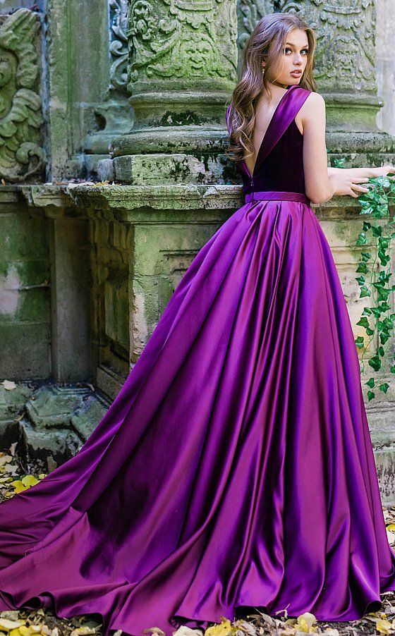 Purple Satin Puffy Long Prom Dress with Pockets - Promfy