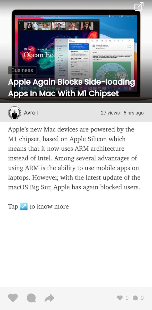 Currently Trending on Pondr: 

'Apple blocks side loading apps in MAC with M! Chipset

To read more like this: pondr.app.link/tDxoeYuU3

#writerslift #WritingCommnunity #writingprompt #writingtips