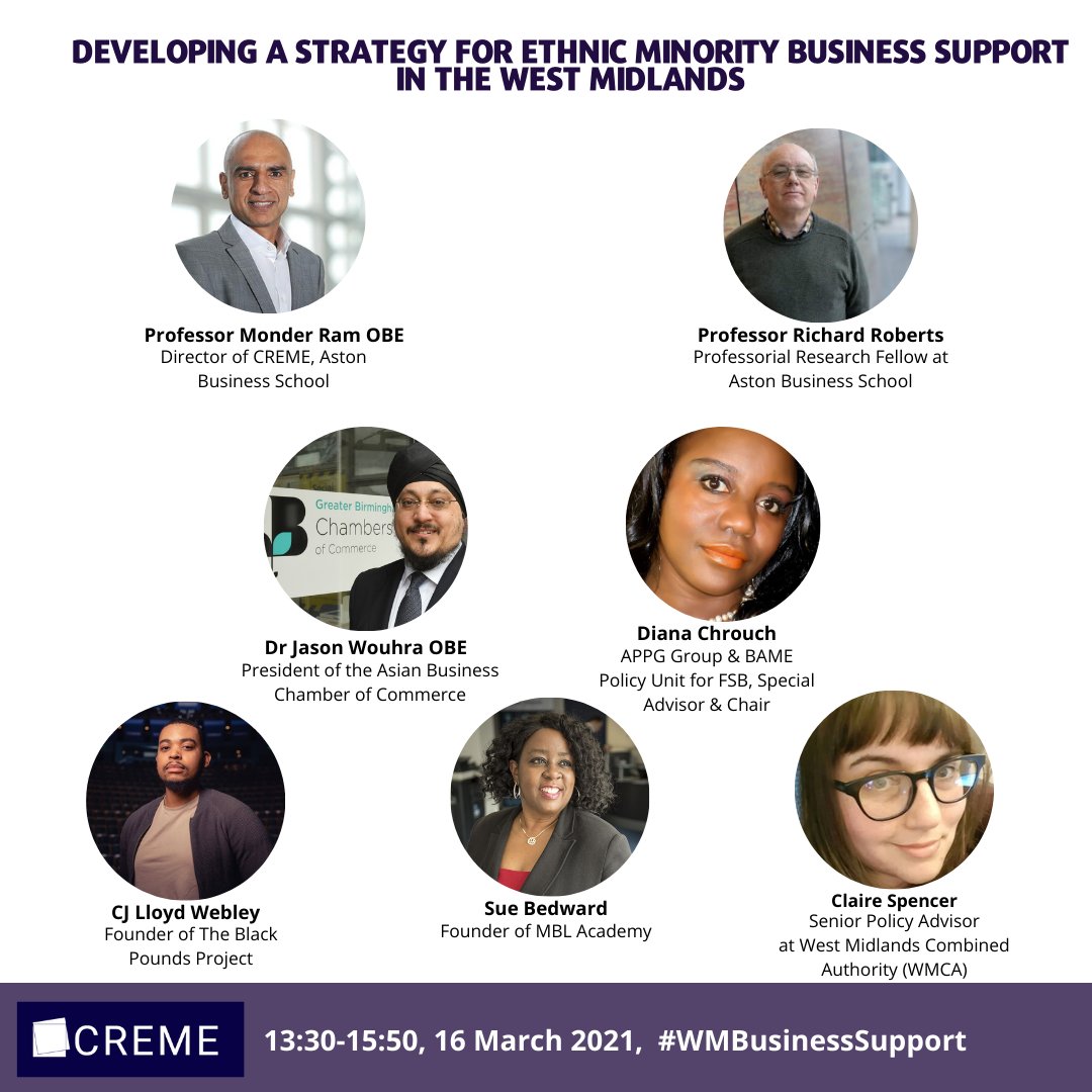 CREMEatAston's tweet photo. Join the insightful discussion on how collaborative approaches to supporting #EthnicMinority #entrepreneurs can be developed in the #WestMidlands on 16th March.

We will be joined by @DrWouhra @chrouchconsult @blackpoundsorg @AcademyMbl @thedancingflea

👉https://t.co/lUqk2z5vmw https://t.co/rUZlTLWSWi