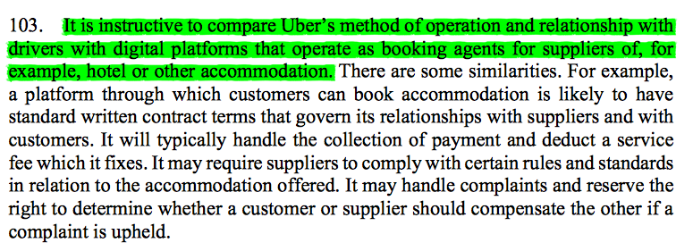 41/ The Supreme Court next moved on to compare the Uber situation with that of accommodation booking agents, a necessary comparison to deal with powerful submissions made on the Secret Hotels2 case. Fundamental differences included who sets the price & distinctiveness of options.