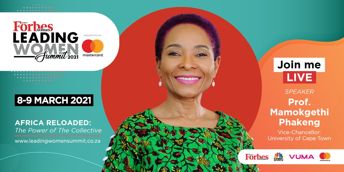 LWSummit's tweet photo. Breakthroughs come when ideas and innovations are shared and challenged. Join @UCT_VC, Prof. Mamokgethi Phakeng @forbeswomanafri #LWS2021. Tune in 8-9 March, 1pm - 6pm. 

Register TODAY! https://t.co/1WCPDH1epL

Presented by @MastercardMEA
Powered by @vumatel 

#Born2Lead https://t.co/Hkk3JX0ovd