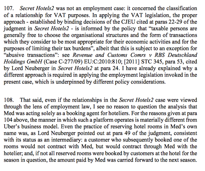 41/ The Supreme Court next moved on to compare the Uber situation with that of accommodation booking agents, a necessary comparison to deal with powerful submissions made on the Secret Hotels2 case. Fundamental differences included who sets the price & distinctiveness of options.