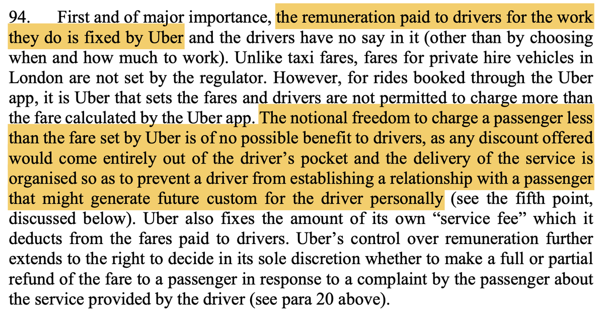 And so the ET was right to find that Uber drivers are workers. Five reasons are highlighted in particular: 1/ Uber fixes rates and its cut