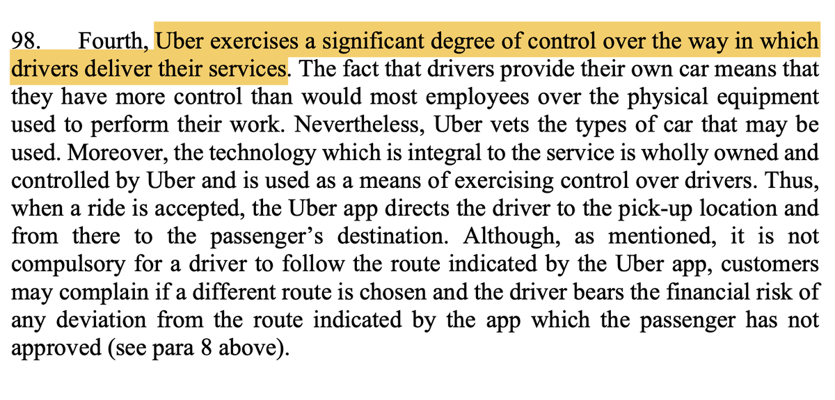 4/ ‘ #Uber exercises a significant degree of control over the way in which drivers deliver their services’