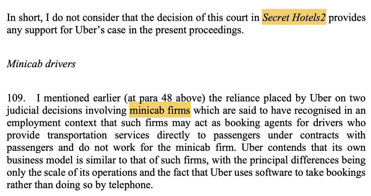 There follows a discussion of cases including booking agents (a key issue in the CA) and minicab drivers – none of which are accepted as supporting Uber’s case.
