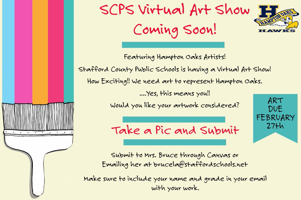 Attention Hawks! <a href="/SCPSchools/">Stafford Schools</a> is having a virtual art show featuring <a href="/HamptonOaksElem/">HamptonOaksElem</a> Artists. We need some artwork from you! If you would like your artwork considered take a picture and submit it to Mrs. Bruce. See the image below for how to submit your artwork. #StrongerTogether